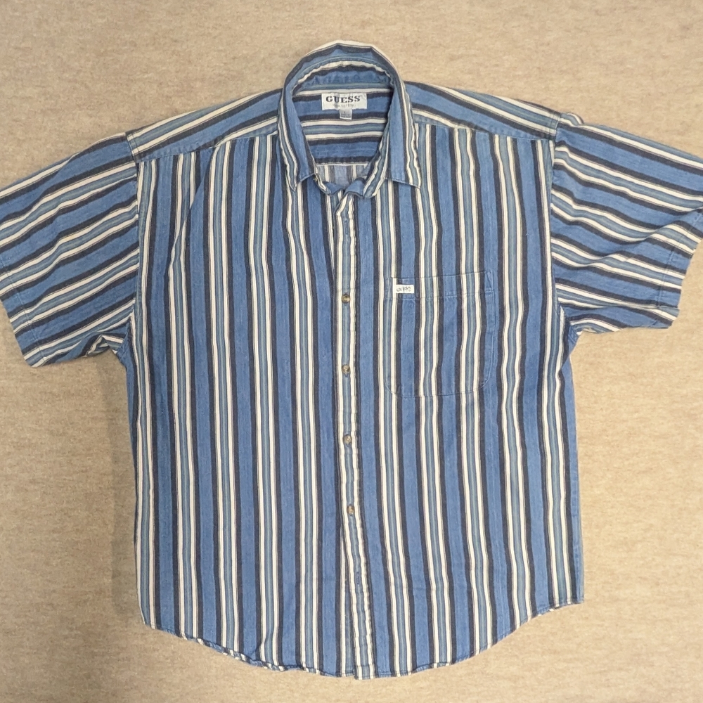 Guess Denim Striped Casual Button Down Shirt Vintage Classic Cotton Size Large
